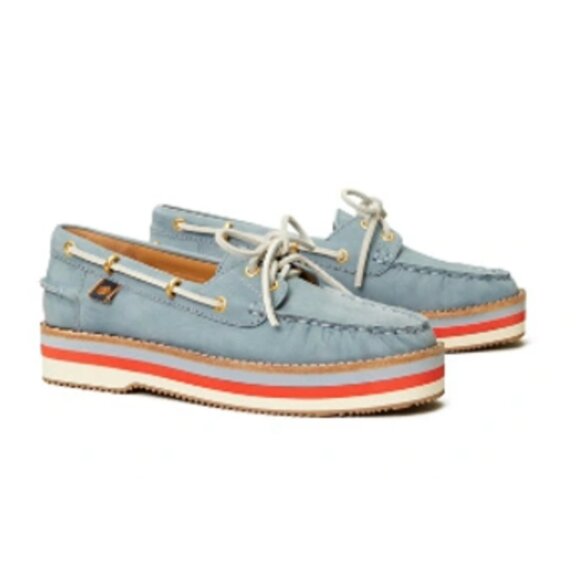 Tory Burch Joey Platform Boat Shoes Nubuck Blue Leather NEW in Box Women's 9.5 - Picture 1 of 14
